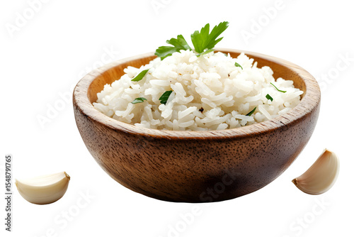 Steaming bowl of rice garnished with parsley and garlic on a black background