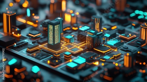 Futuristic cityscape with glowing skyscrapers and neon-lit streets, showcasing a digital urban environment at night.