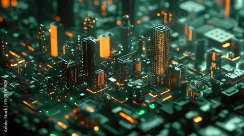 A futuristic cityscape resembling a circuit board, illuminated with glowing lights and high-rise buildings.