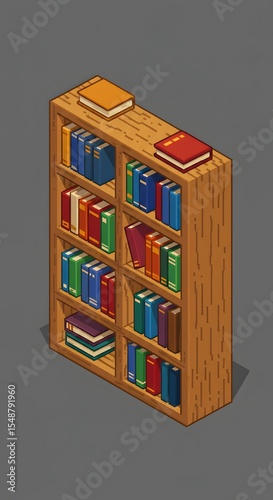Isometric Pixel Art Bookshelf with Colorful Books and Shadows.