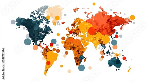 A colorful, abstract world map made of overlapping circles in various sizes and shades, representing global distribution or data visualization.