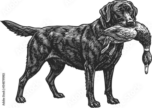 Vintage hunting dog with duck in mouth, black labrador retriever, detailed engraving style, loyal bird dog artwork, classic retriever sketch, wildfowl hunter scene