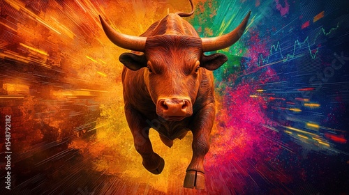 A powerful bull charges forward against a vibrant, energetic, abstract background, symbolizing strength and bullish market trends.