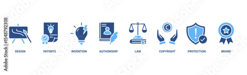 intellectual property banner web icon vector illustration concept for trademark with icon of design, patents, discovery, authorship, law, copyright, protection, and brand