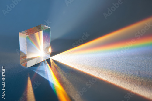 Glass prism refracting light, creating beautiful spectrum of colors on surface