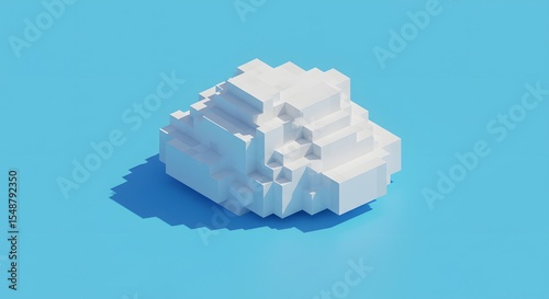 Isometric White Cuboid Structure on Blue Background, Geometric Abstraction, Shadow Play