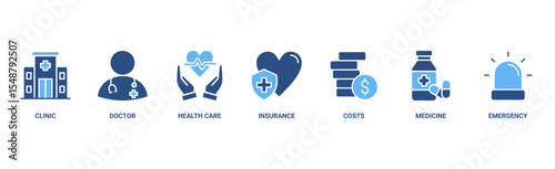 Medicare concept banner icon contain of clinic, doctor, health care, insurance, costs, medicine, and emergency vector illustration