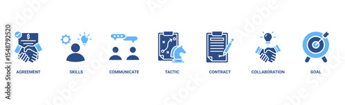Negotiation banner web icon vector illustration concept for business deal agreement and collaboration with icon of skills, communicate, tactic, contract, and goal