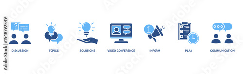 Meeting banner web icon vector illustration for business meeting and discussion with communications, topics, solutions, plan, inform and video conference icon