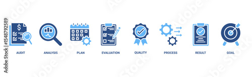 Assessment banner web icon vector illustration for accreditation and evaluation method on business and education with audit, analysis, plan, evaluation, quality,process,results and goal icon