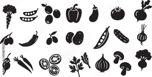 Collection of black and white vegetable silhouettes