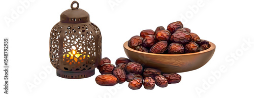 Ramadan lantern with dates in wooden bowl against black backdrop for festive celebration