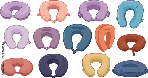 Create a kinds of deferent neck pillow vector art with white background.