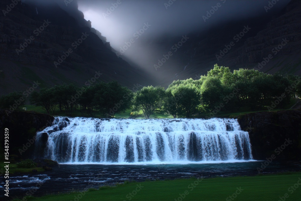 Fototapeta premium Waterfall in a valley at dawn