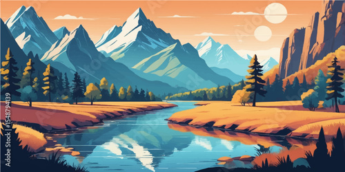 Sunset over a scenic mountain lake, reflecting the vibrant sky and surrounding forest