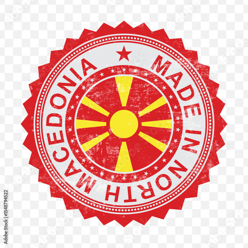 Vector illustration of round red stamp. Made in North Macedonia on transparent background.