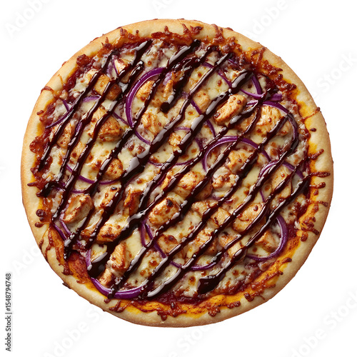 Delicious BBQ Chicken Pizza with Red Onions Drizzled with Sweet Sauce on Black Background