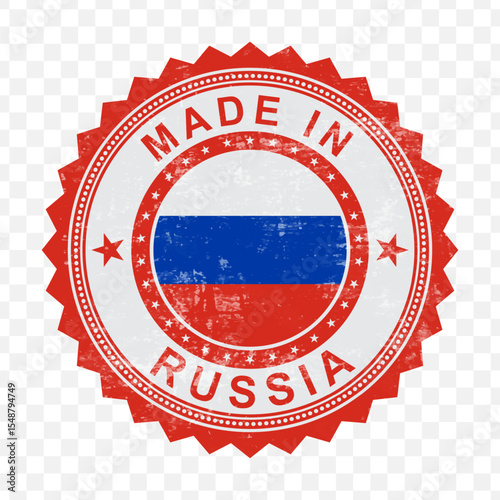 Vector illustration of round red stamp. Made in Russia on transparent background.