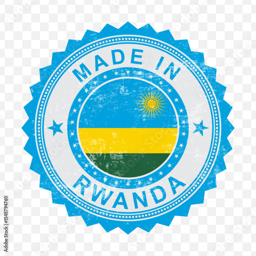 Vector illustration of round red stamp. Made in Rwanda on transparent background.