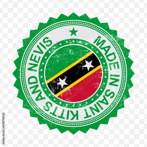 Vector illustration of round red stamp. Made in Saint Kitts and Nevis on transparent background.