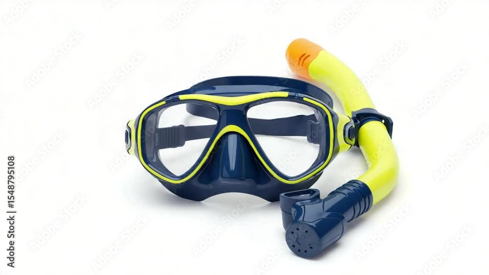 Blue and Yellow Diving Mask and Snorkel Set on White Background for Underwater Exploration Blue and Yellow Diving Mask and Snorkel Set on White Background for Underwater Exploration