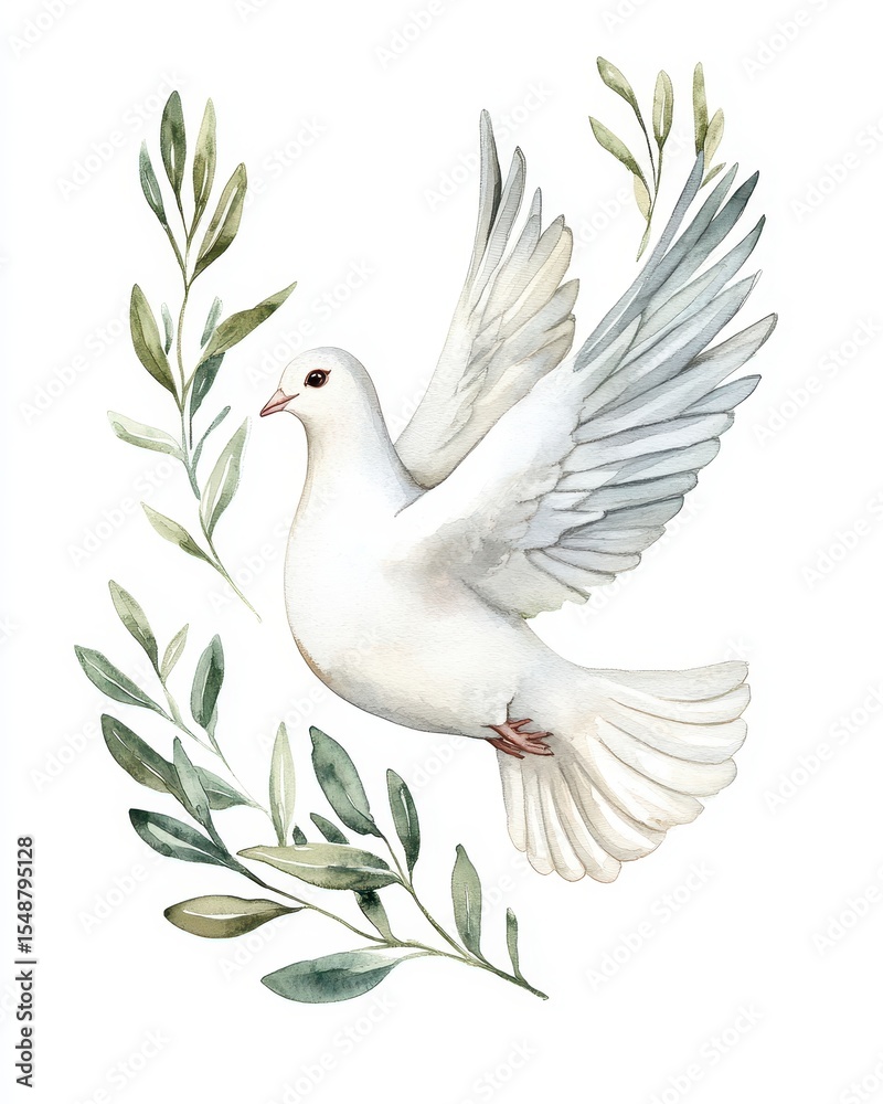 Fototapeta premium Watercolor Dove and Olive Branch. Symbol of Peace and Christianity in Adorable Watercolor Design