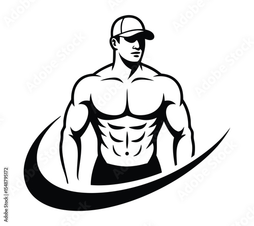 Black and white vector illustration of a powerful bodybuilder, fitness symbol for a gym or workout brand on white bg