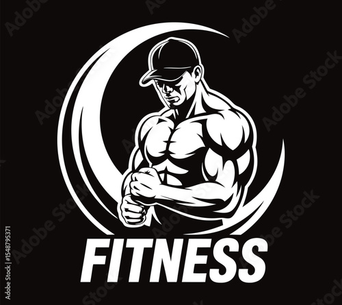 Black and white vector symbol with the word "FITNESS," featuring a strong man flexing for a gym or sports brand on black background