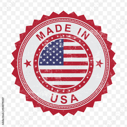 Vector illustration of round red stamp. Made in United States of America on transparent background.