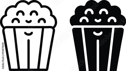 Minimalist Popcorn Bucket Icon – Black & White Line Art, Smiling Popcorn Vector Illustration