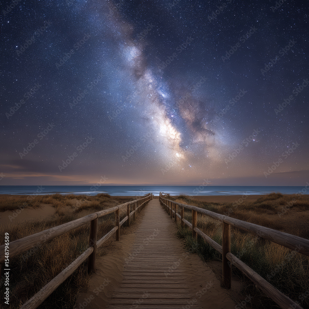 Obraz premium A starry Milky Way stretches over a wooden walkway at Riumar Beach in Spain. 
