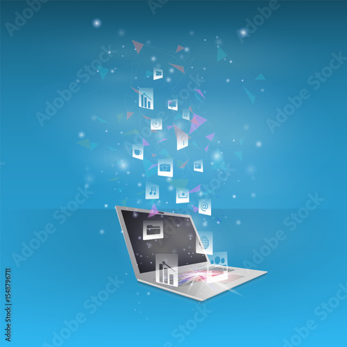 The concept of cloud technology work together with  technology to help send and receive information through maximum efficiency,Vector illustration fantastic style,Cloud technology concept