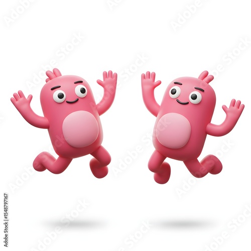 Cheerful Pink Cartoon Characters Jumping with Joy on White Background