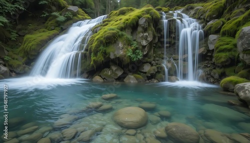 Serene Waterfall Scene: Mossy Rocks and Crystal Clear Water. Relaxing nature environment