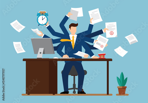 Multitasking in Business: Overworked Professional Managing Tasks with Multiple Arms, Symbolizing Efficiency and Productivity.