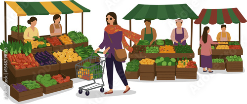 Create a Character Shopping in Vegetable Market. Woman Holding Shopping Trolley, Choosing and Buying Fresh Food Groceries. Local Market Stalls with Natural Products. vector art with white background.