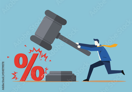 Breaking Free from Financial Constraints: Businessman Smashing a Percentage Sign with a Gavel, Symbolizing Overcoming Debt or Fees.