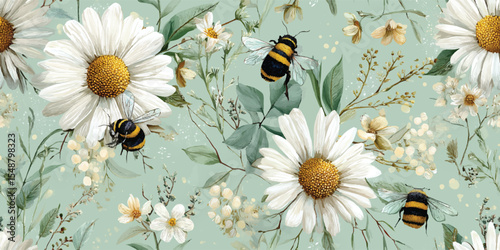 Summer Daisy Bees Seamless Pattern Artistic Floral Botanical Print for Fabric Wallpaper Design