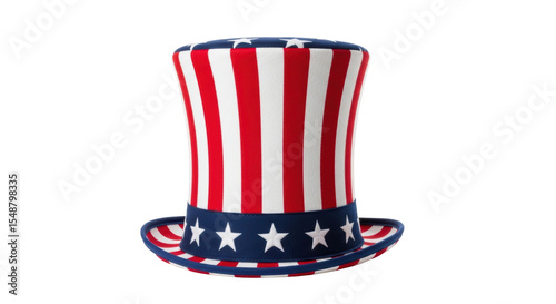 A classic uncle sam top hat featuring red and white stripes with a blue band adorned with white stars, symbolizing american patriotism and independence.