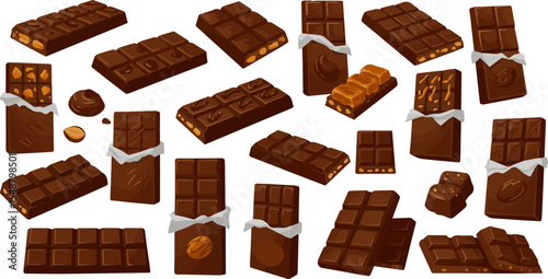 Create a kinds of deferent Сhocolate bar vector art with white background.