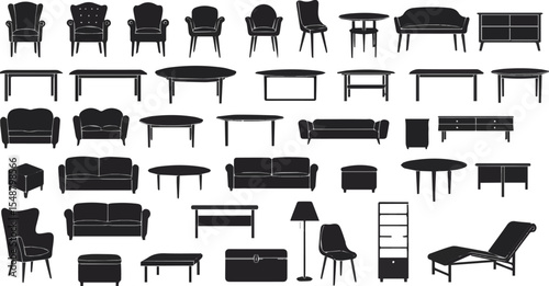 Create a kinds of deferent furniture vector art with white background.