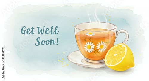 Watercolor Get Well Soon Card with Chamomile Tea and Lemon