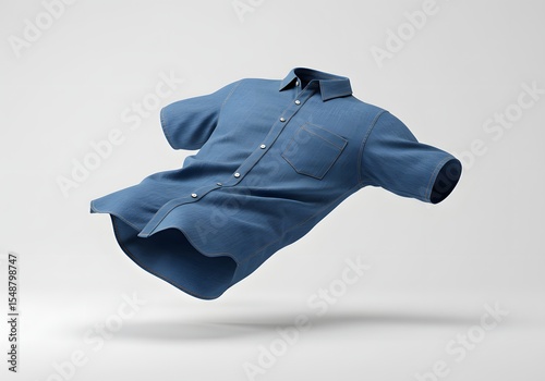 Floating Denim Shirt: Artistic Render of Blue Fabric with Orange Stitching.