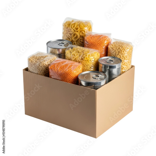 A brown cardboard box is filled with various non perishable food items such as pasta, lentils, and canned goods, ready for donation or emergency aid.