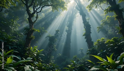 Sunbeams in the Lush Rainforest. Beautiful nature background. morning in the forest