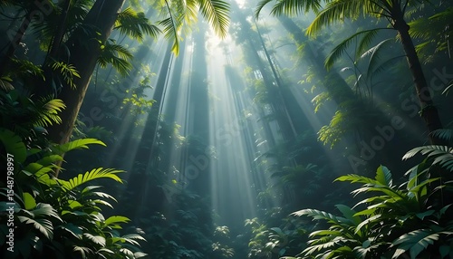 Sunbeams in the Lush Rainforest. Beautiful nature background