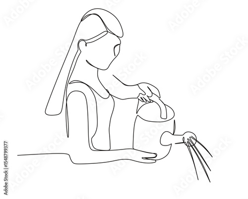 continuous one line drawing of a woman watering plants