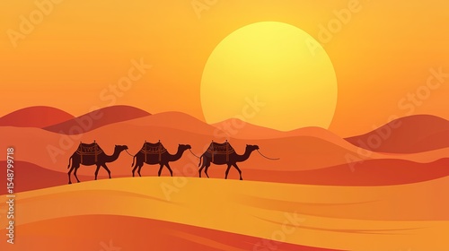 Three camels walk across orange desert dunes at sunset, with a large sun and rolling hills in the background.