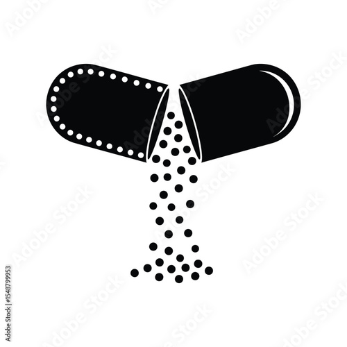 Open Capsule Pill Icon with Granules Silhouette Isolated on White Background for Medical and Healthcare Design