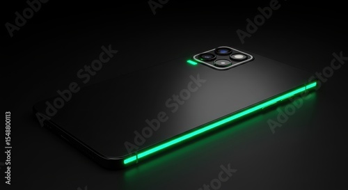 Sleek Black Smartphone with Green Neon Edge Light Modern Mobile Technology Triple Camera
